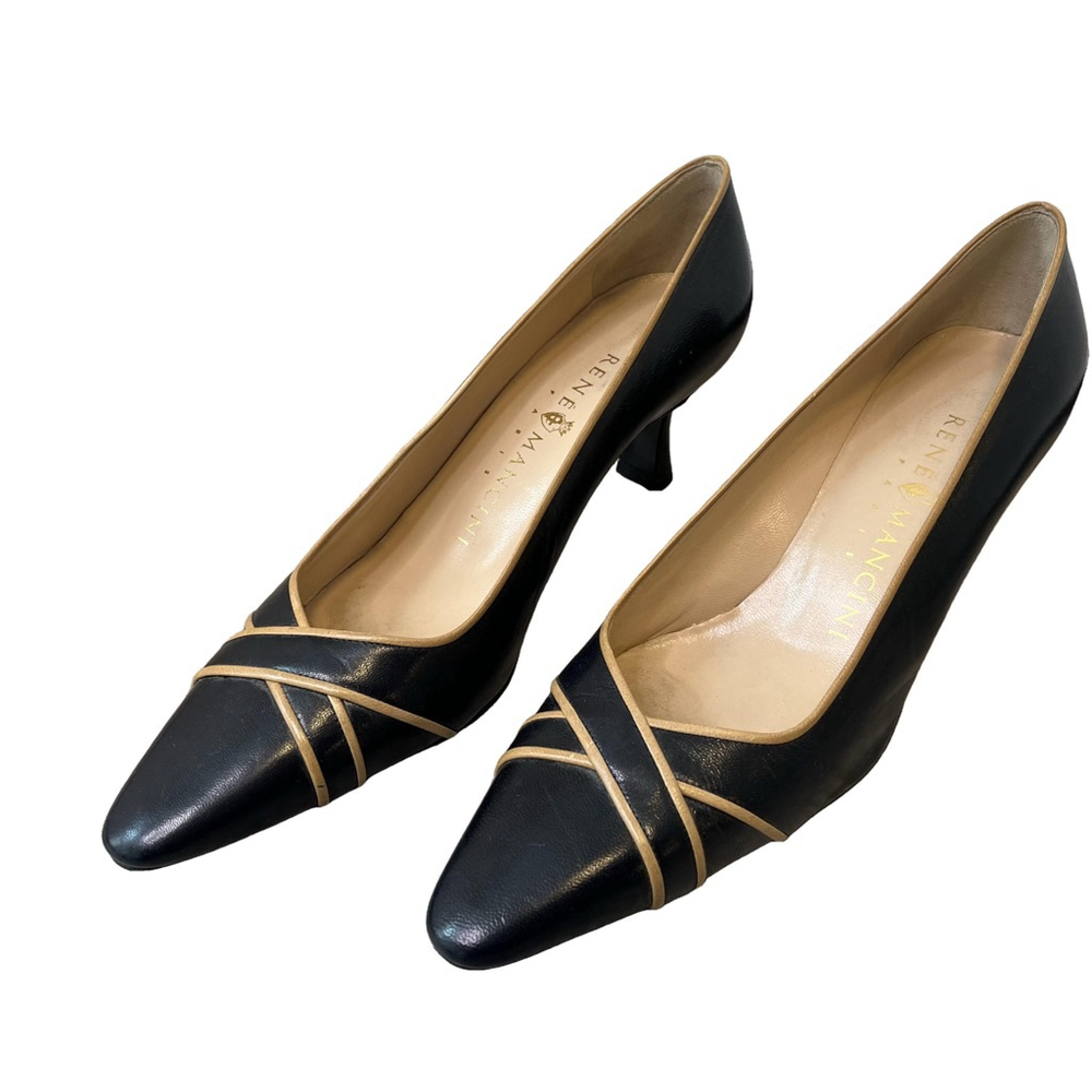 RARE Vintage Rene Mancini Kitten Heels Navy Leather Pumps Tan Trim, 37.5 = US 7